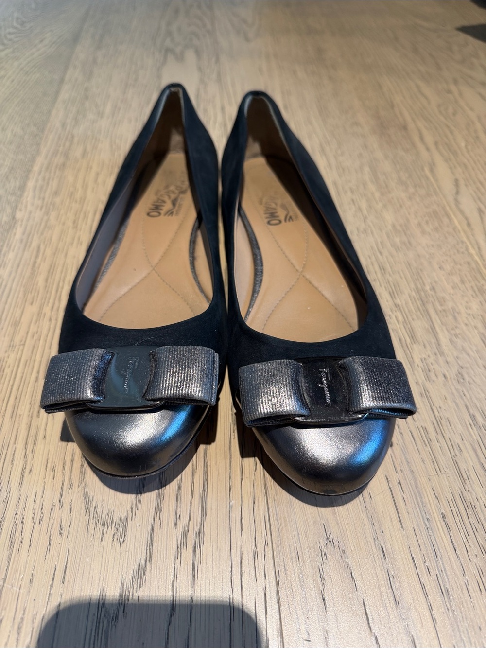 Salvatore Ferragamo Black Suede Ballet Flats with Metallic Toe and Bow